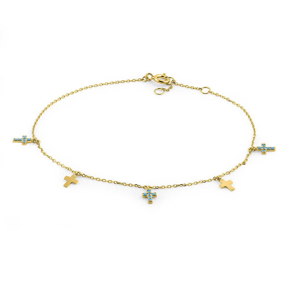 14K Yellow Gold Turquoise Cross Bracelet for Women - Elegant Religious Jewelry Gift for Christmas, Baptism & Everyday Wear