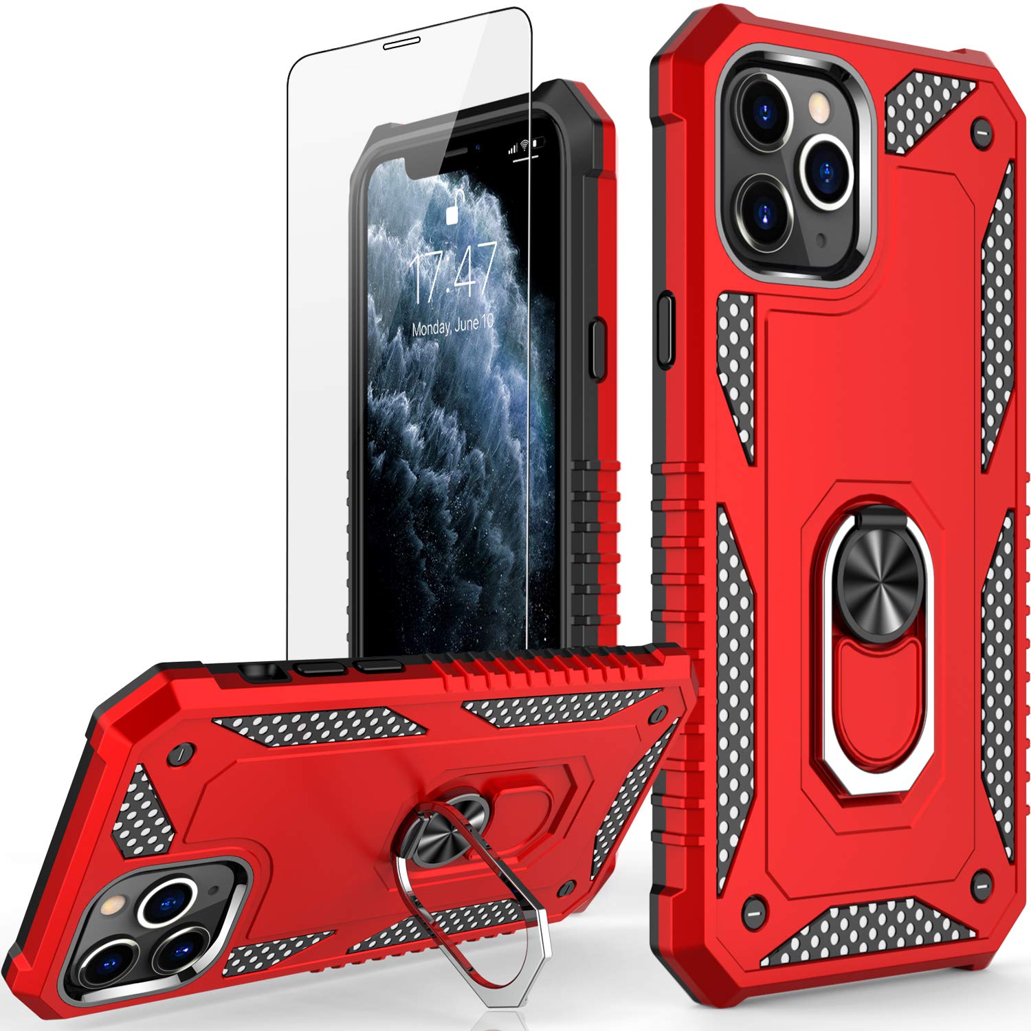 CCKO iPhone 11 Pro Max Case with Screen Protector - Shockproof Magnetic Phone Cover with Kickstand & Car Mount Ring - Wireless Charging Compatible Protective Case for Apple iPhone 11 Pro Max (Red) - Perfect for Driving, Work & Outdoor Activities