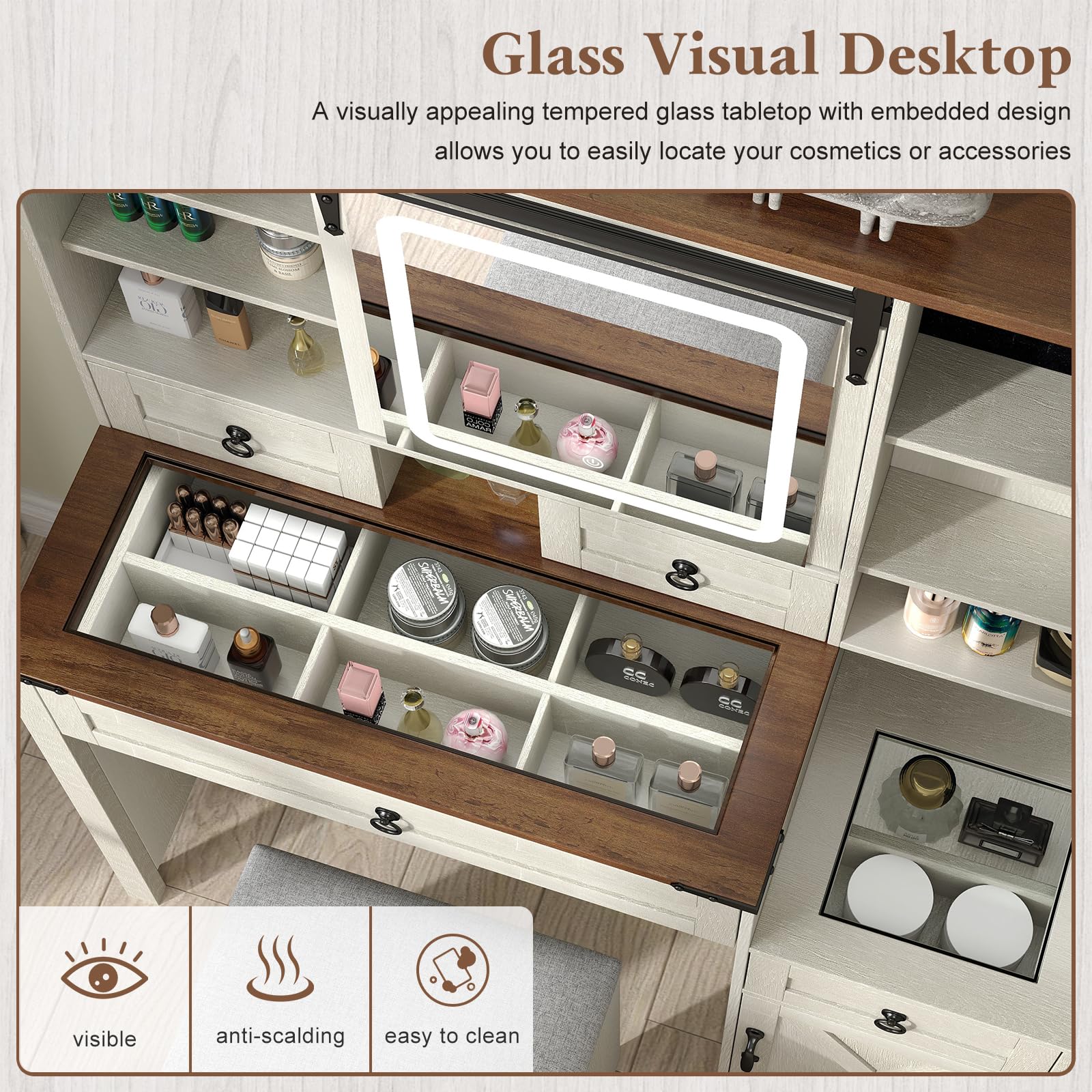 Farmhouse Makeup Vanity Desk with Sliding Mirror & LED Lights - 42