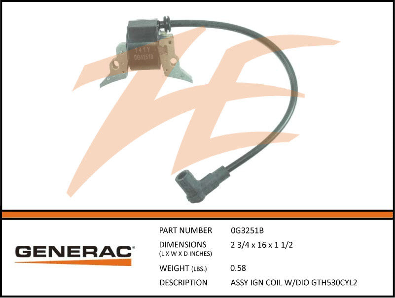Generac 0G3251B Ignition Coil Assembly with Diode - Compatible with GT530 Cylinder 2 - High Performance Replacement Part for Generac Engines - Perfect for Power Generators, Lawn Mowers & Outdoor Equipment