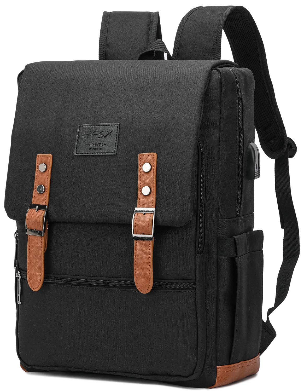 Vintage Laptop Backpack for Men & Women - 15.6 Inch USB Charging Business Travel Backpack, Water Resistant College Bookbag - Perfect for Work, School & Commuting (Black)