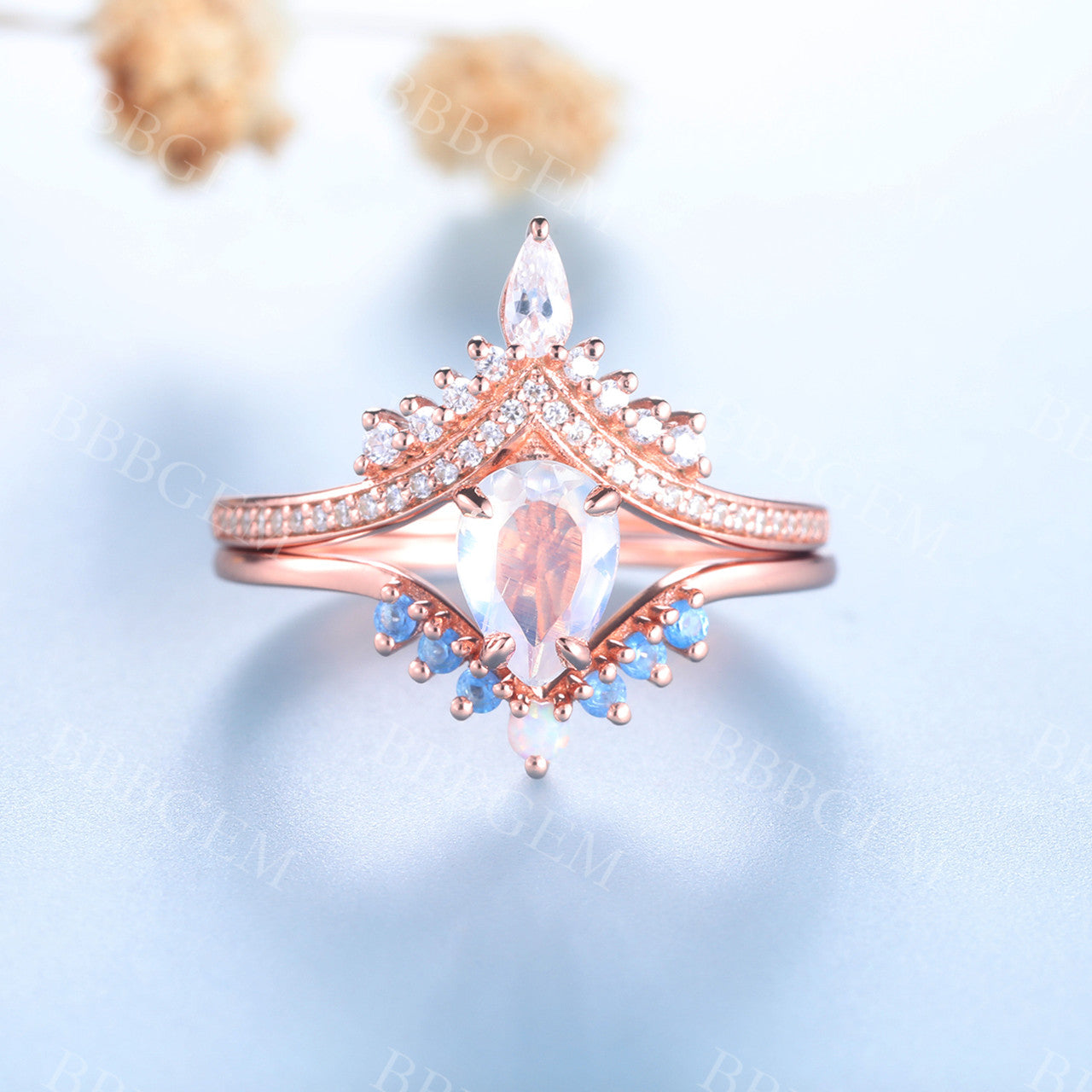 Vintage Rose Gold Moonstone Engagement Ring Set - Antique Bridal Jewelry for Women, Wedding Proposal, Anniversary Gift, Boho Chic Style