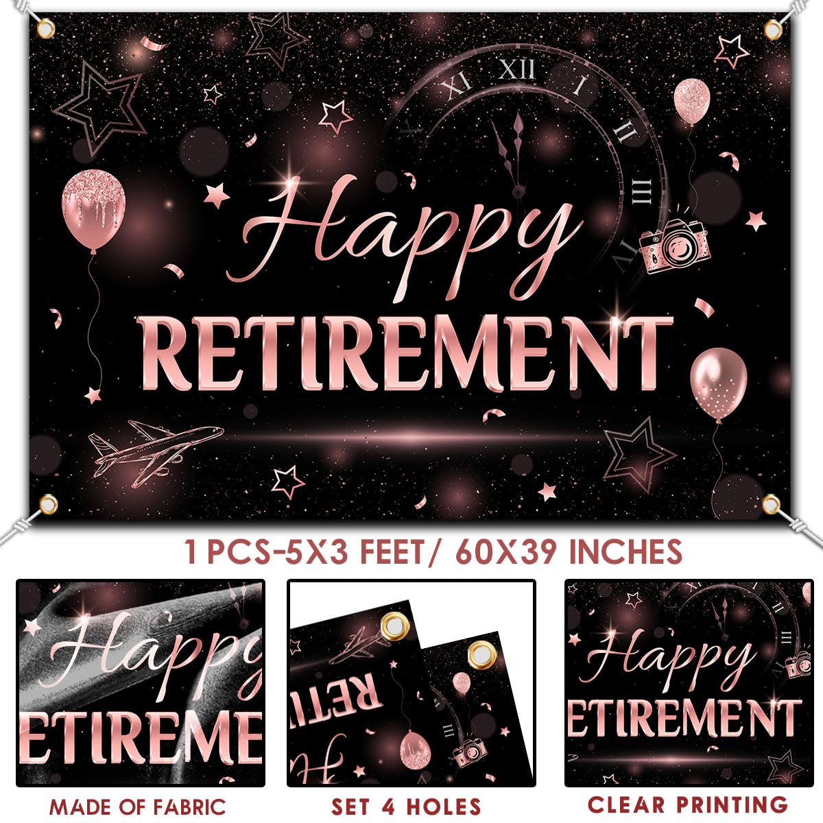 Rose Gold Retirement Backdrop Banner - Happy Retirement Decorations for Women, Retirement Party Photo Booth Supplies - Perfect for Retirement Celebrations, Office Farewells & Milestone Parties