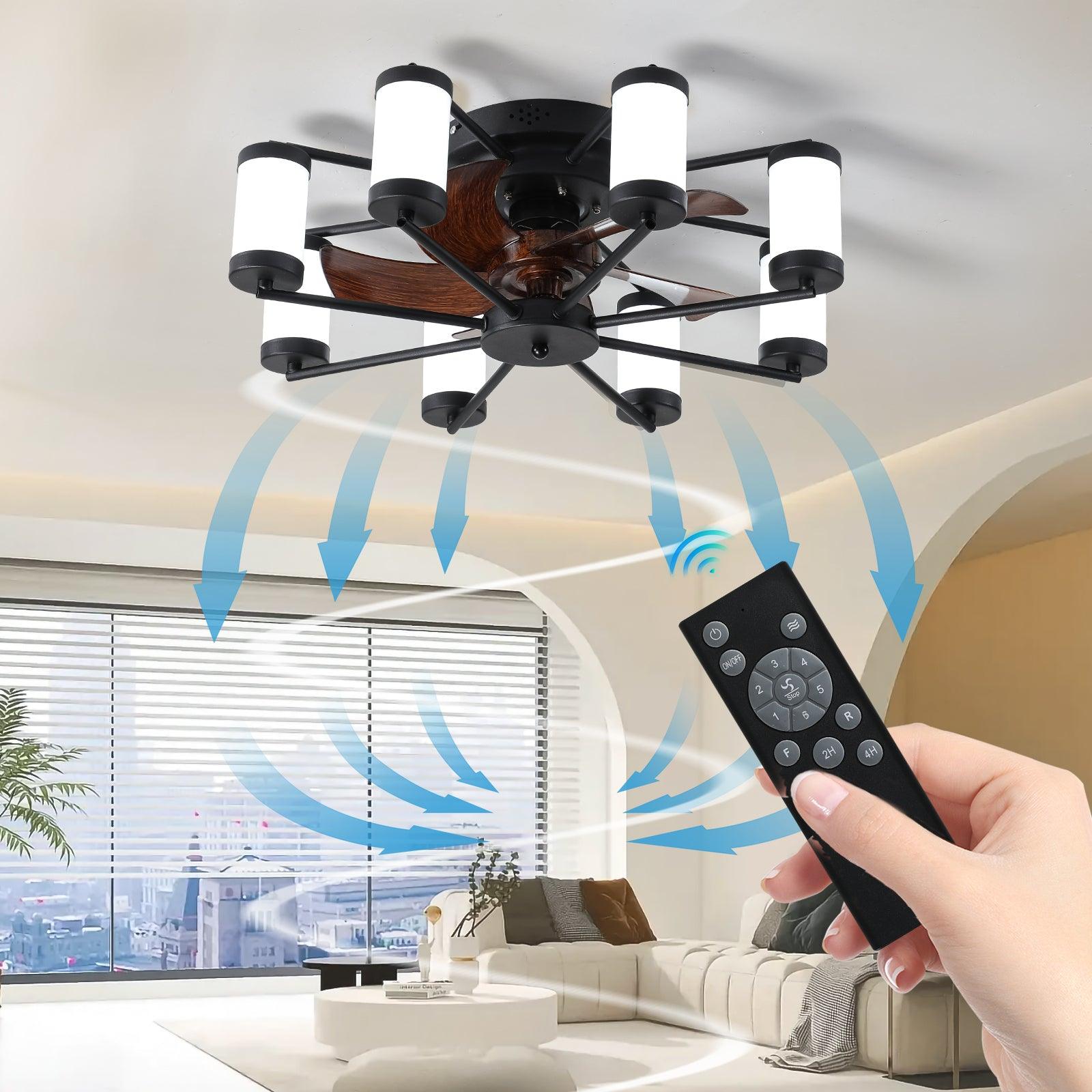 21.7 Inch Windmill Flush Mount Ceiling Fan with Light, Remote Control & Timer - Black - Perfect for Bedroom, Living Room, Kitchen & Office