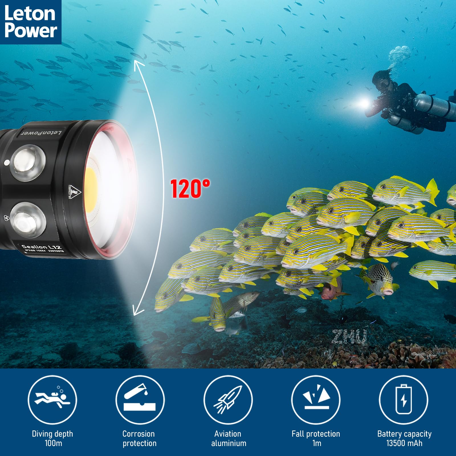 8000 Lumens Professional Diving Flashlight L12 - 100m Waterproof Scuba Light with Type-C Charging - Perfect for Underwater Photography, Cave Diving & Night Snorkeling