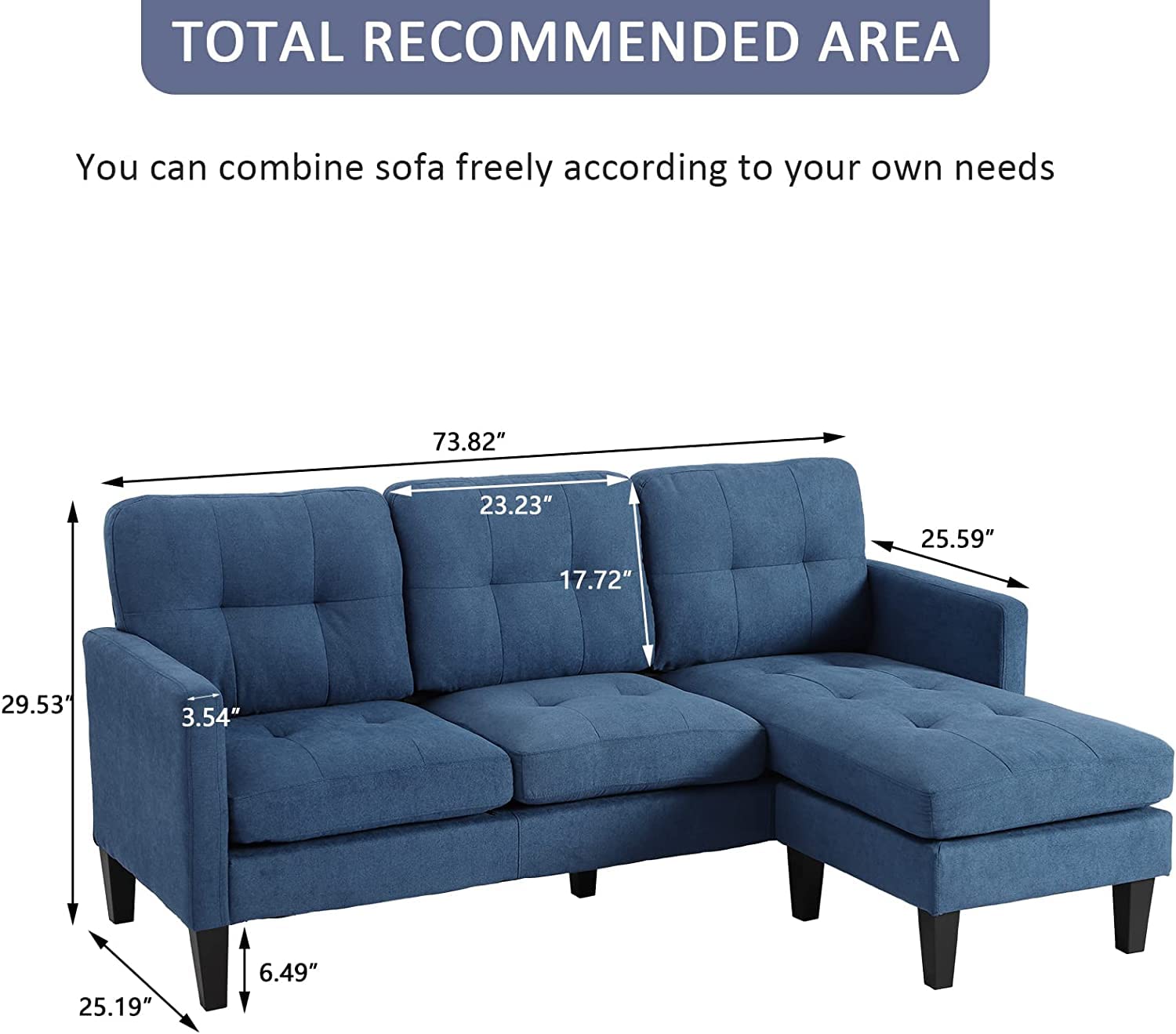 Grepatio Convertible Sectional Sofa - L-Shaped Modern Linen Fabric Couch for Small Spaces (Blue) | Perfect for Apartments, Living Rooms & Home Offices