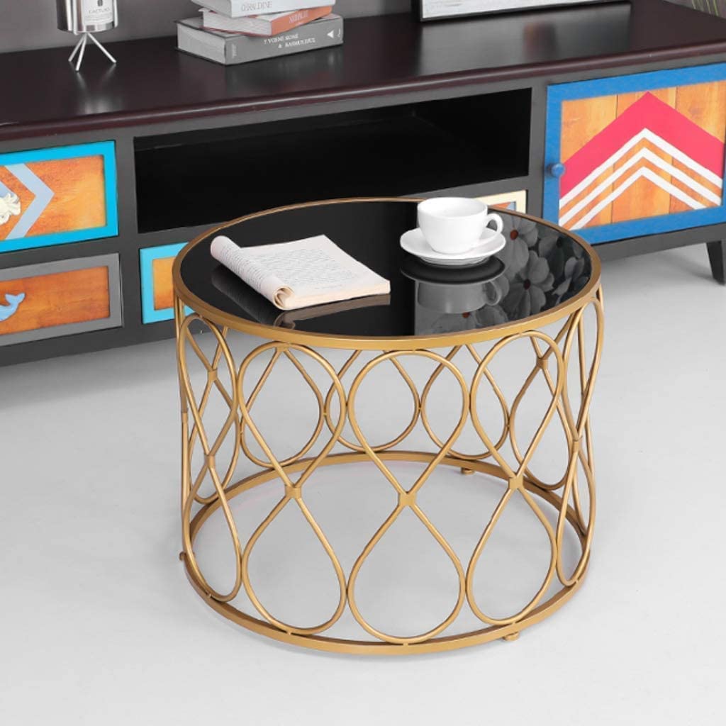Modern Round Black Tempered Glass Coffee Table with Gold Iron Frame - Stylish Side Table for Living Room, Office & Dining Area | Perfect for Small Spaces, Home Decor & Entertaining Guests