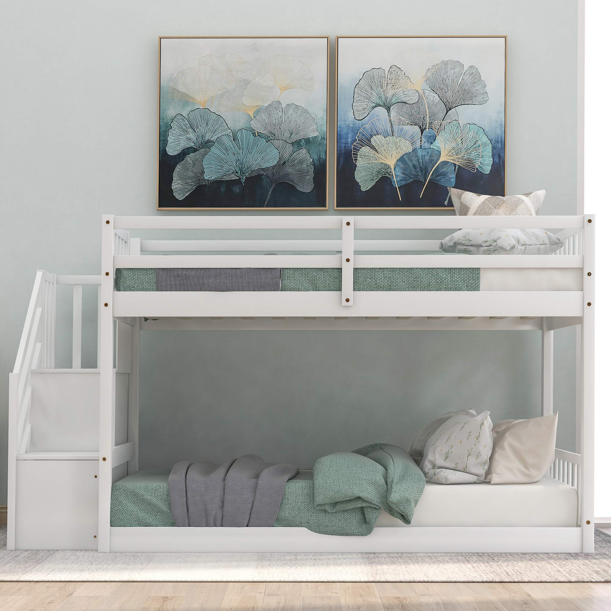 P PURLOVE Twin Over Twin Junior Low Bunk Bed with Storage Stairs - Wooden Floor Bunk Bed for Kids & Teens - Twin Size Bunk Beds with Slats (No Box Spring Needed) - Perfect for Small Bedrooms, Shared Kids Rooms & Space-Saving Sleep Solutions