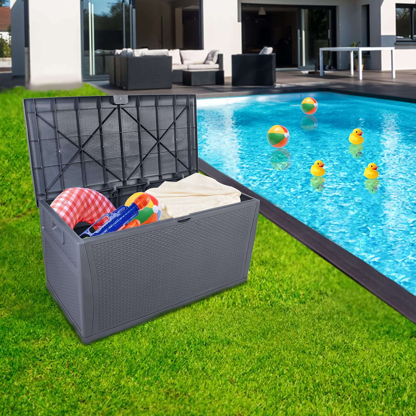 **Lockable 120 Gallon (460L) Waterproof Outdoor Storage Deck Box - Patio Garden Plastic Bench Seat with Lid, Grey - Perfect for Backyard, Deck, and Poolside Storage**