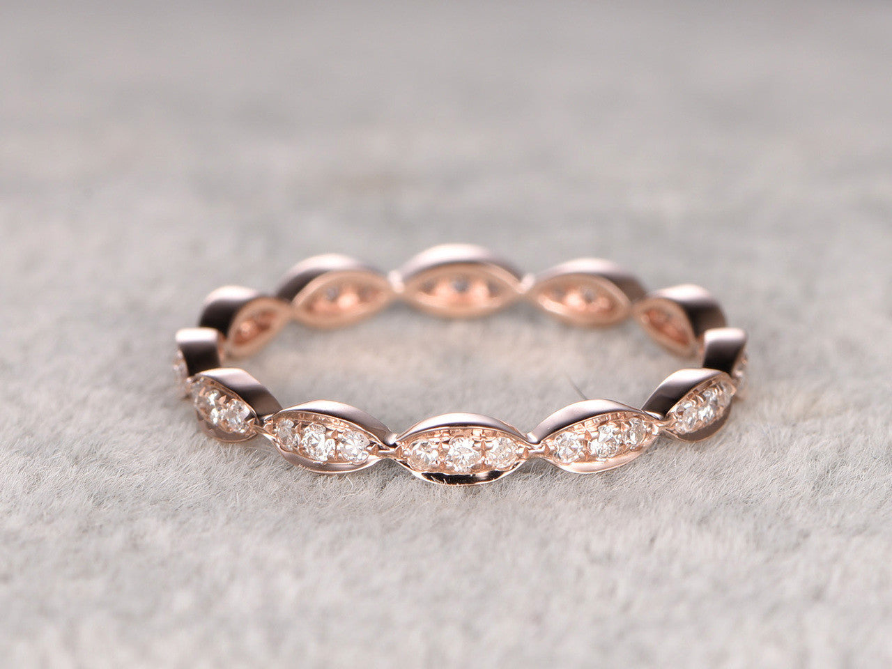 14K Rose Gold Art Deco Marquise Three Stone Wedding Ring Set - Round Diamond Engagement Ring & Matching Stacking Band for Women, Perfect for Bridal, Anniversary, and Special Occasions