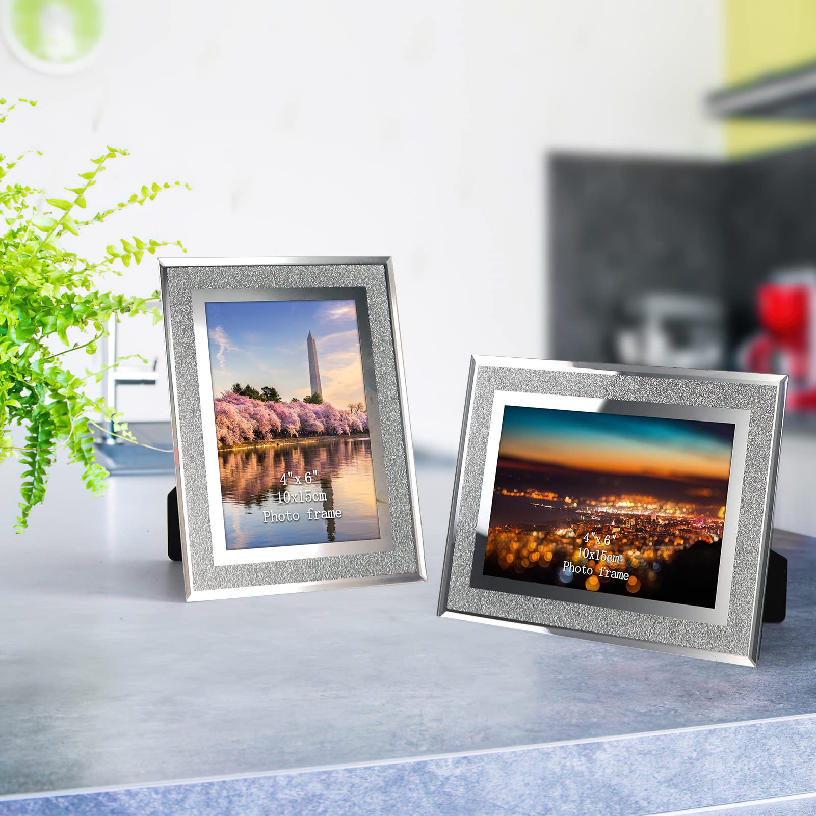 Calenzana 4x6 Glitter Picture Frames Set of 4 - Sparkling Glass Photo Frames for Tabletop Display, Horizontal or Vertical Wall Decor - Perfect for Wedding, Birthday, Anniversary Photos & Home Office Decor