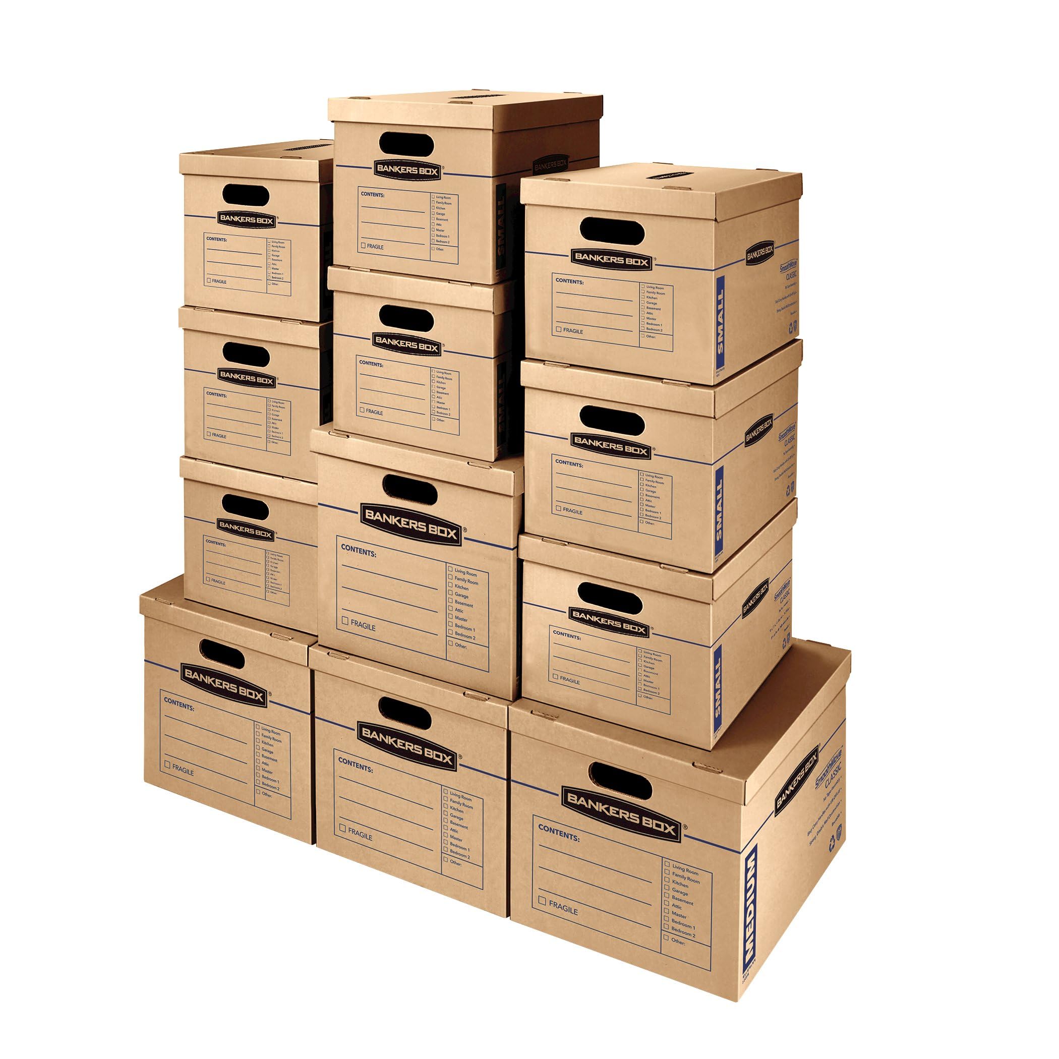 Bankers Box Classic Moving Box 12 Pack Kit - Strong Reinforced Handles, Easy Tape-Free Assembly, Includes 8 Small & 4 Medium Boxes with Lids (7716401) - Perfect for Home Moving, Office Storage & Shipping Supplies