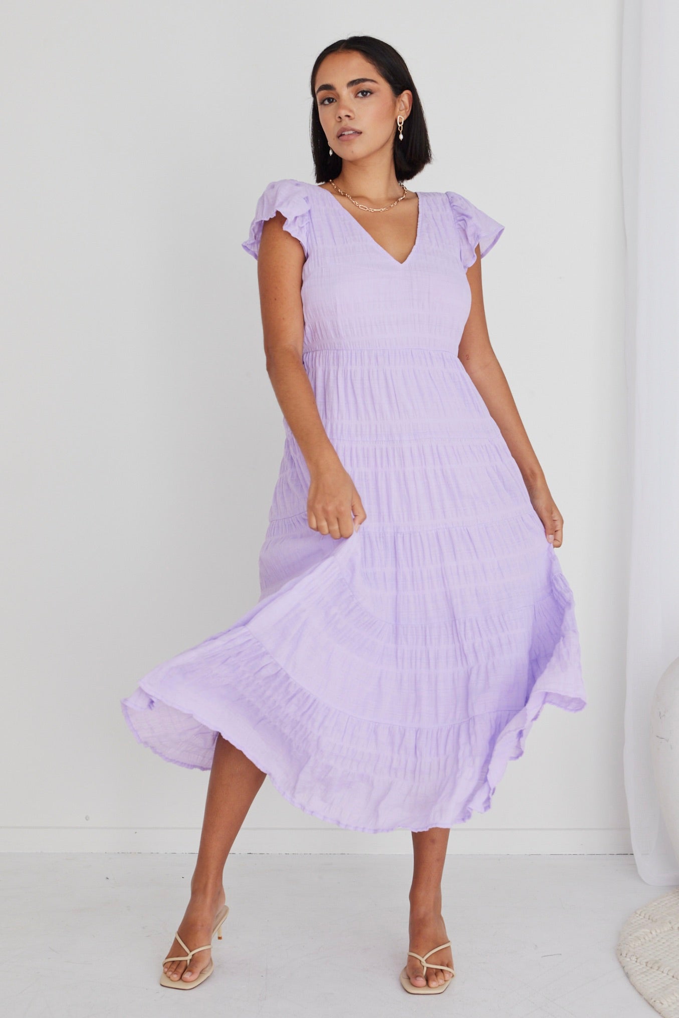 Marley Lilac Sleeveless V-Neck Tiered Maxi Dress for Women - Flowy Summer Beach Dress for Vacations, Weddings & Outdoor Parties