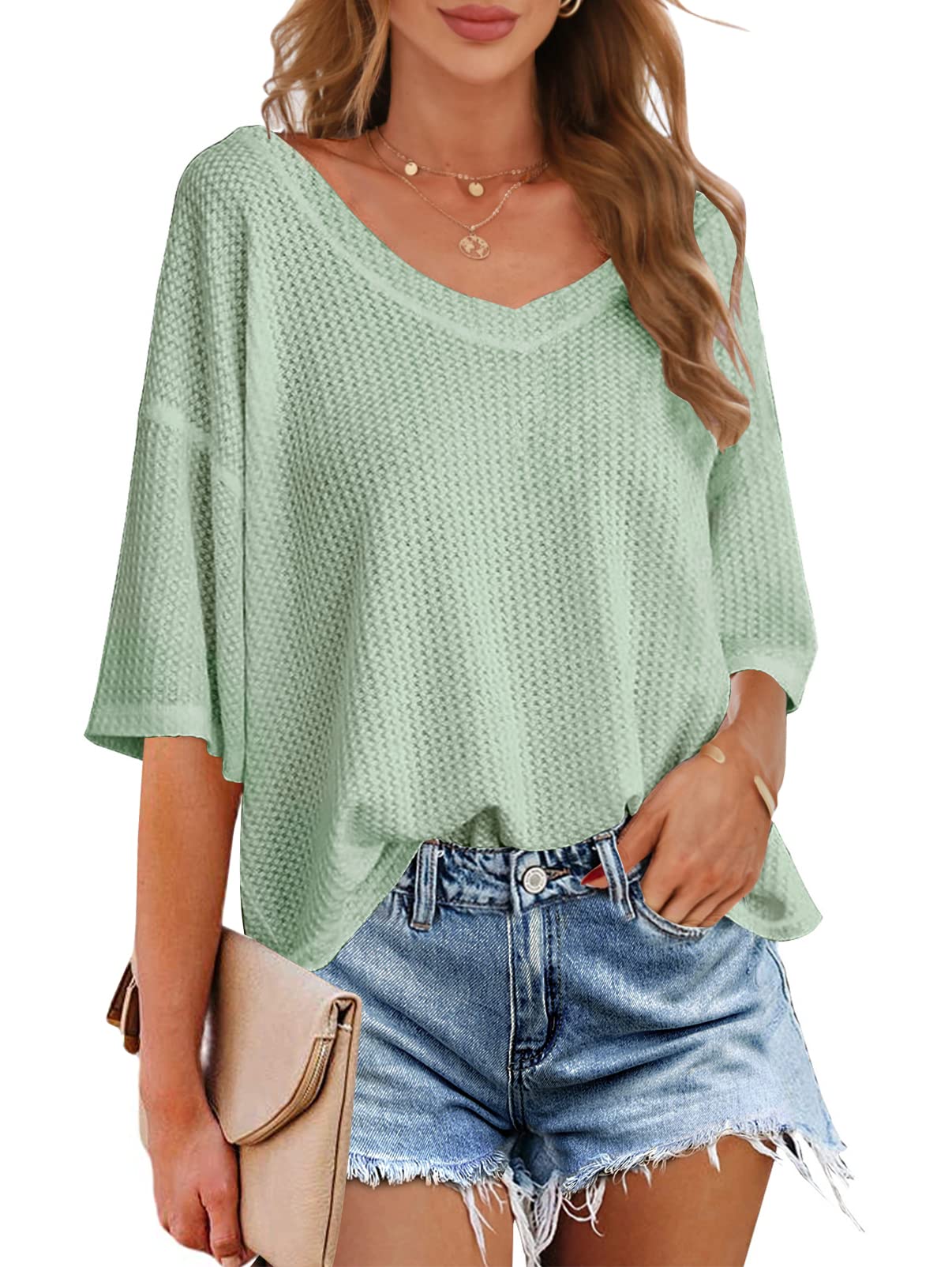MEROKEETY Women's V Neck Batwing Half Sleeve Waffle Knit Blouse - Soft Loose Fit Solid Color Top for Casual Wear, Office & Date Nights