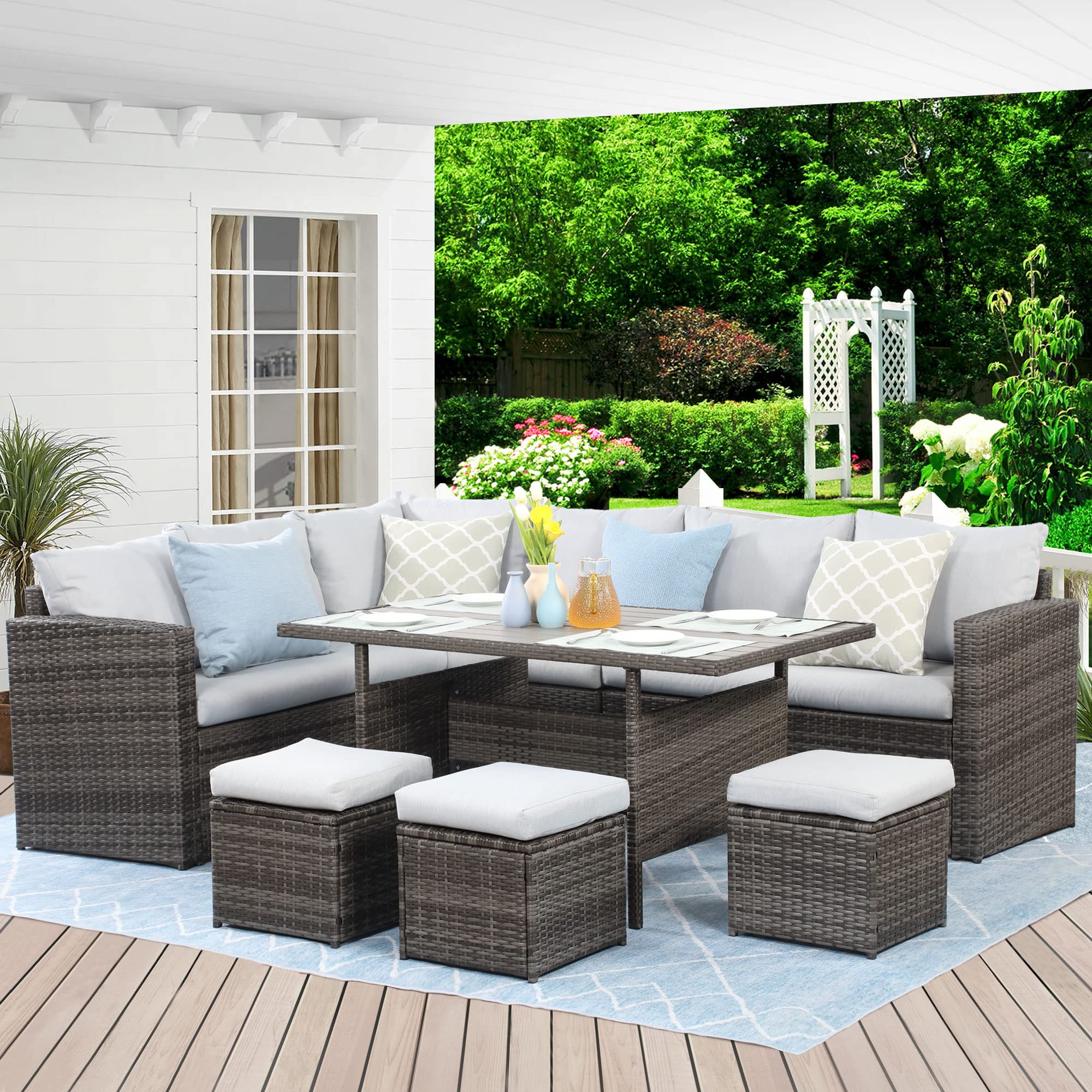 7-Piece Wisteria Lane Outdoor Patio Furniture Set - All-Weather Wicker Sectional Sofa with Dining Table, Chairs & Ottoman in Gray | Perfect for Backyard, Garden, Poolside & Patio Dining