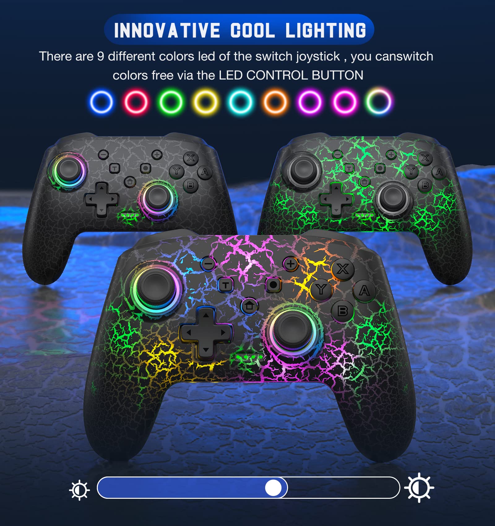 Wireless Switch Pro Controller for Switch/Lite/OLED - 9 Color LED, PC/Android/iOS Compatible for Gaming & Streaming