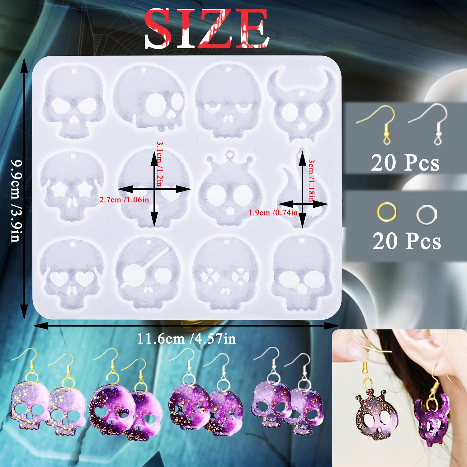 82 PCS Halloween Skull Earring Molds Kit with Holes - 12 Pairs Silicone Resin Molds & 40 Earring Hooks for DIY Jewelry Making - Perfect for Halloween Decorations, Pendants, Keychains & Costume Accessories