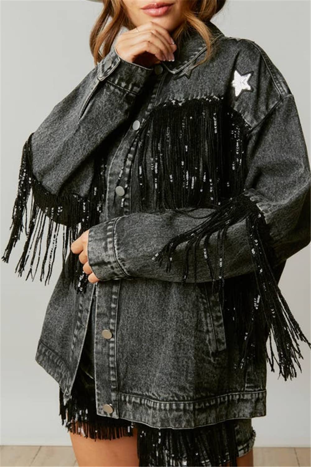 Women's Oversized Boyfriend Denim Jacket with Fringe Details - Long Sleeve Distressed Jean Coat for Casual Outfits & Streetwear Fashion | Perfect for Layering, Fall Fashion, and Everyday Wear