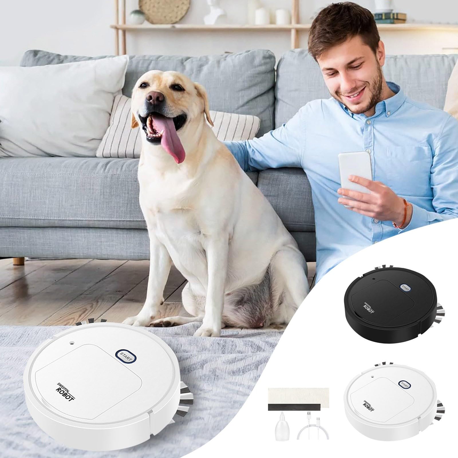 Smart Robot Vacuum and Mop Cleaner with 2000Pa Strong Suction, WiFi/App Control, Self-Charging for Hardwood Floors, Pet Hair & Low-Pile Carpets - Ultra Slim & Quiet Design (Black) - Perfect for Homes with Pets and Busy Families