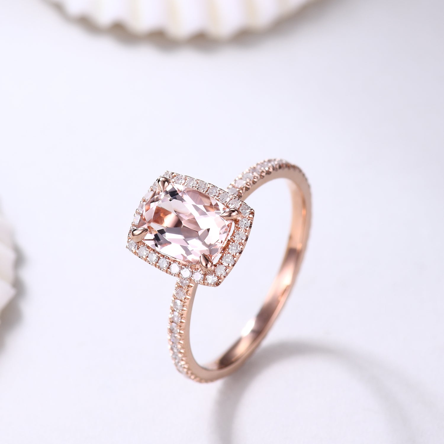 5x7mm Morganite & Diamond Halo Engagement Ring - Petite Thin Band for Women, Wedding Proposal, Anniversary Gift, Bridal Jewelry