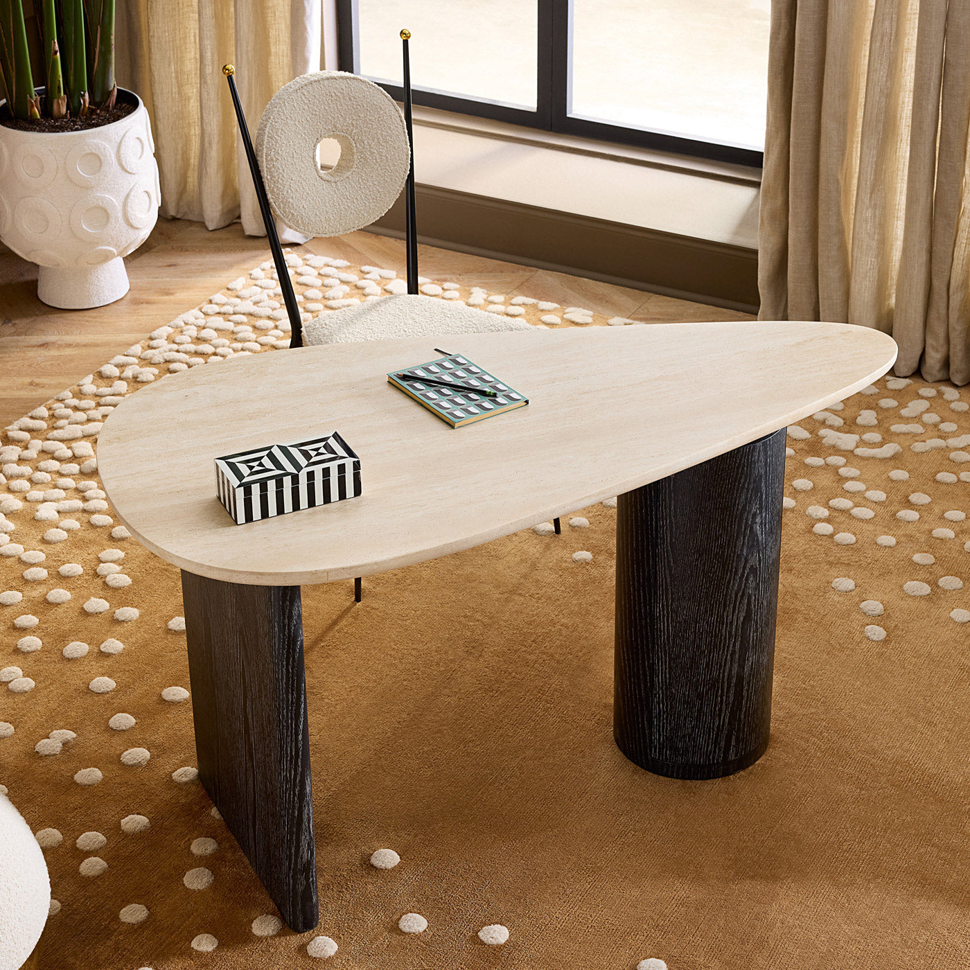 Premium Oeuf Travertine Stone Desk - Natural Marble Writing Table for Home Office & Study Room - Elegant Workstation for Professionals & Students