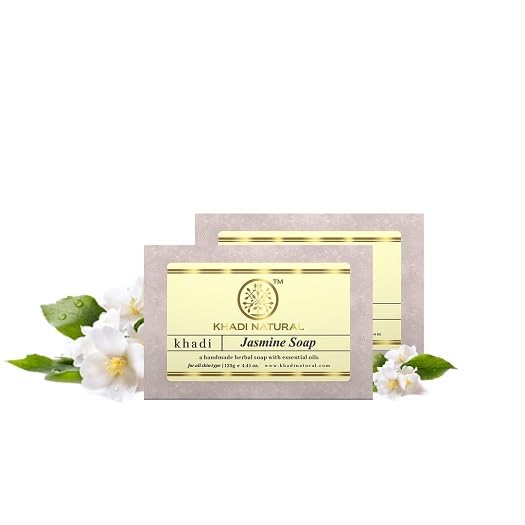 Khadi Natural Jasmine Soap 125g - Herbal Bathing Bar with Essential Oils for Healthy Skin | Stress Relief & Aromatherapy | Suitable for All Skin Types | Pack of 2 | Perfect for Daily Skincare Routine, Spa Days & Relaxing Bath Time
