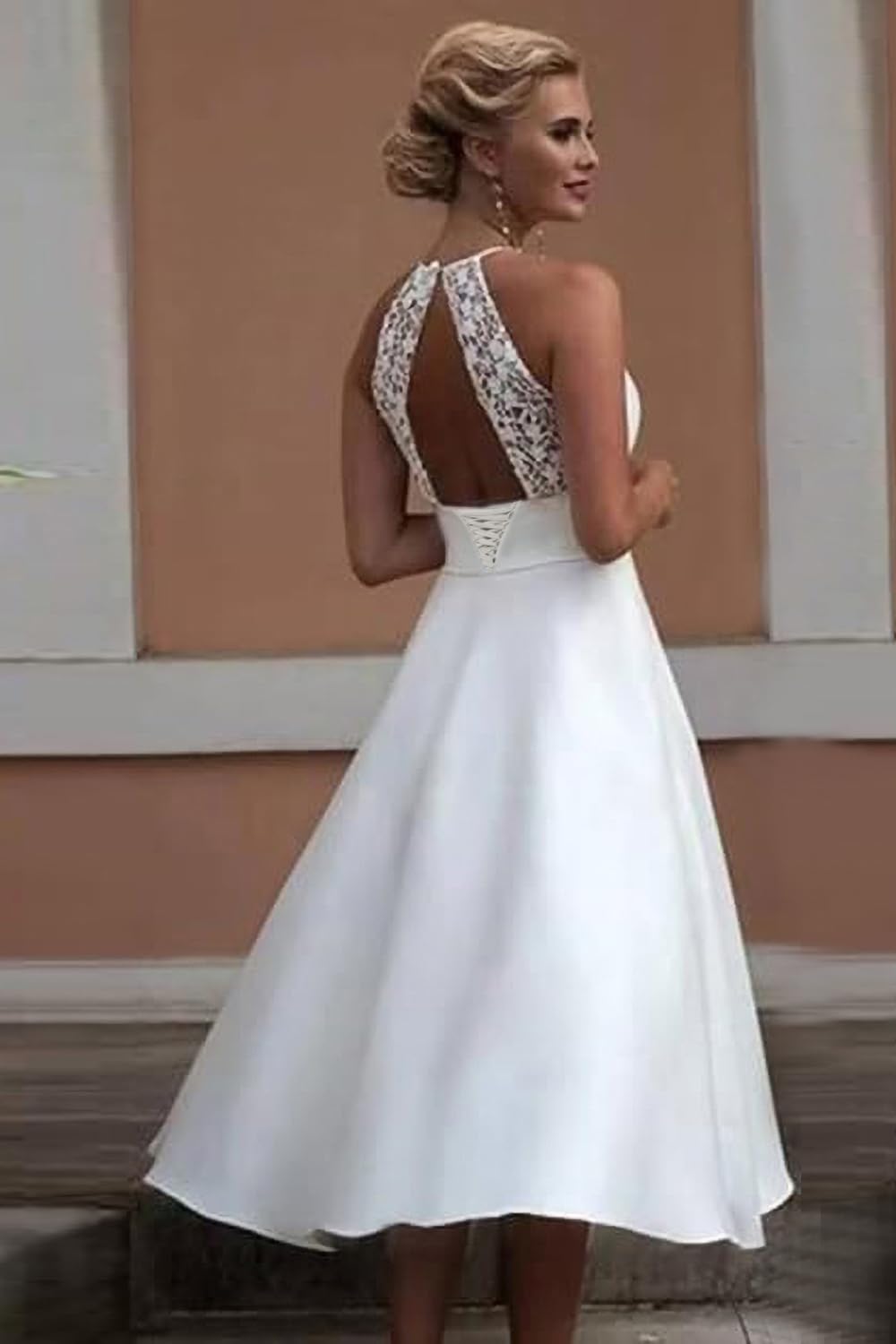 Elegant Tea-Length Satin Wedding Dress for Women - Sexy Halter Lace Backless Bridal Gown A-Line Formal Dress - Perfect for Beach Weddings, Vow Renewals & Romantic Photoshoots