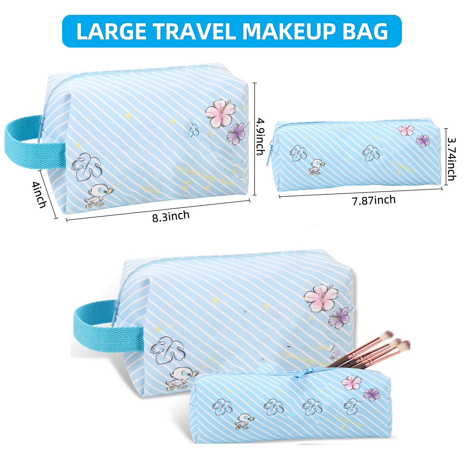 Premium Travel Cosmetic Bag with Double-Sided Mirror & Makeup Brush Pouch - Large Capacity PU Leather Toiletry Organizer for Women | Perfect Gift for Her, Girls, Teens | Ideal for Travel, Gym, Vacation & Daily Makeup Storage (Blue)