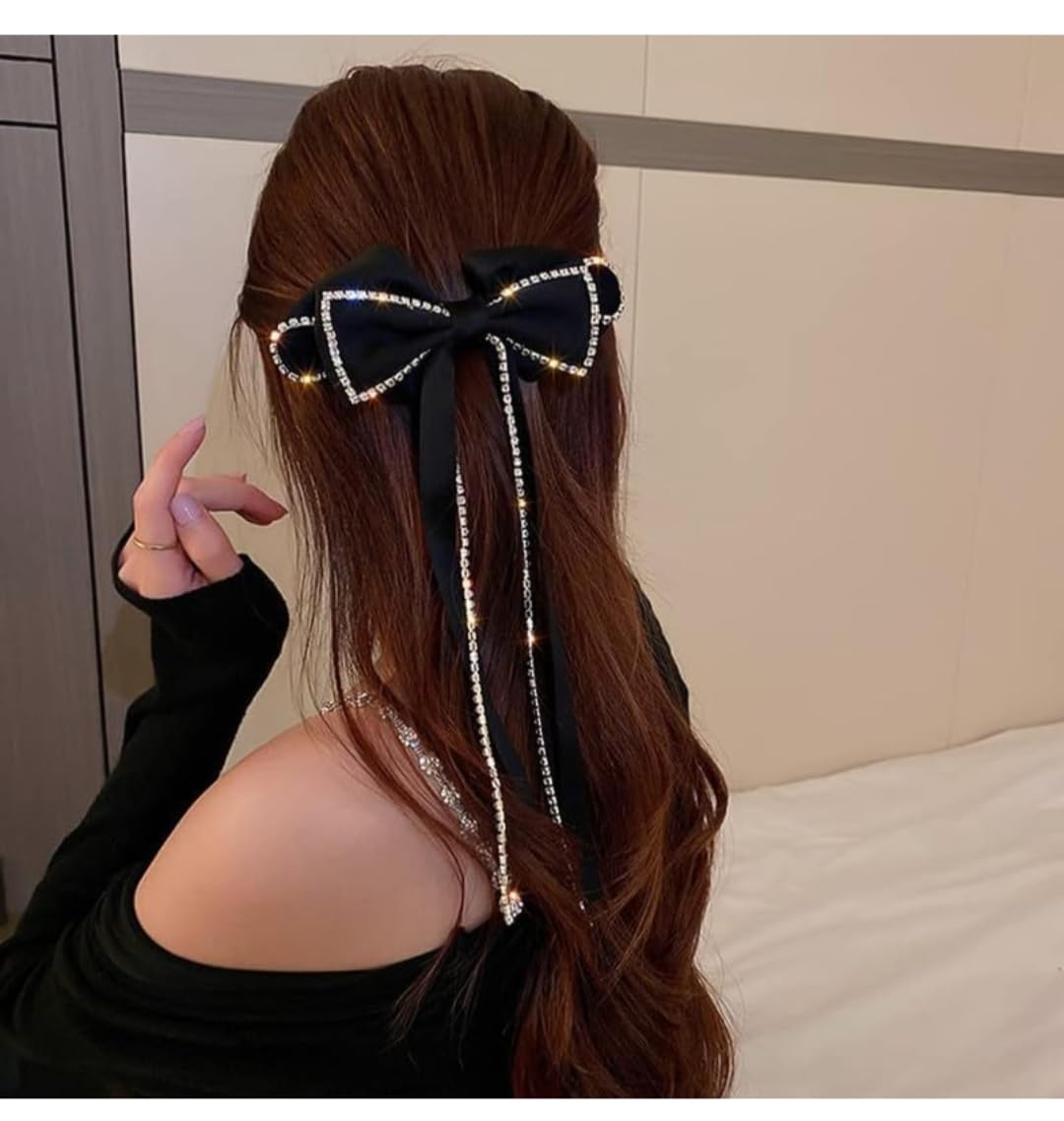 Shidara Velvet Large Bow Hair Clip with Rhinestone Tassel - Elegant French Design Barrettes for Women & Girls (Black) | Perfect for Weddings, Parties & Everyday Fashion Accessories