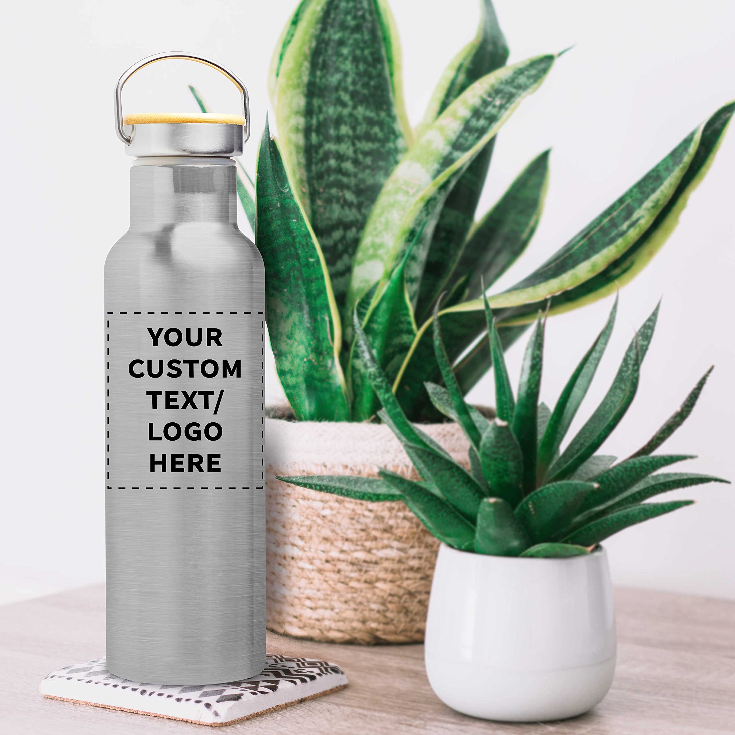 12 Pack Stainless Steel Water Bottles with Wooden Lid - 20 oz, BPA Free, Double Wall Insulated, Spill Proof - Custom Text & Logo - Perfect for Gym, Office, Hiking & Outdoor Activities