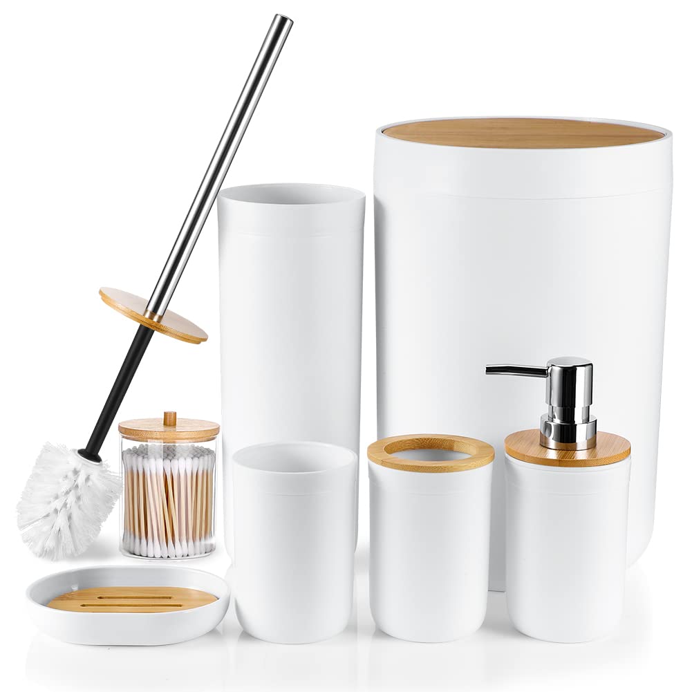 Otostar 6-Piece Bamboo Bathroom Accessory Set - Plastic Toothbrush Holder, Soap Dispenser, Q-Tip Holder, Tumbler, Soap Dish & Toilet Brush Holder - Modern Bathroom Organization for Home, Apartment, Hotel (White)