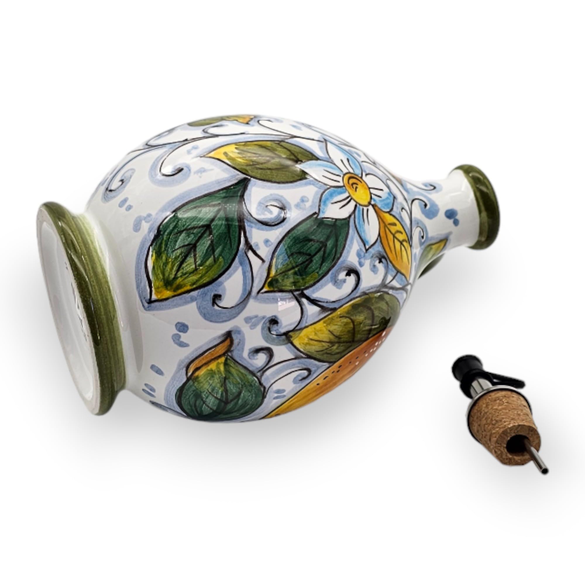 Italian Ceramic Olive Oil Dispenser Bottle XL Size 14oz - Hand Painted Tuscan Fruit Design Oil Cruet - Authentic Italian Pottery from Tuscany - Perfect for Kitchen, Dining Table & Gourmet Cooking Gifts
