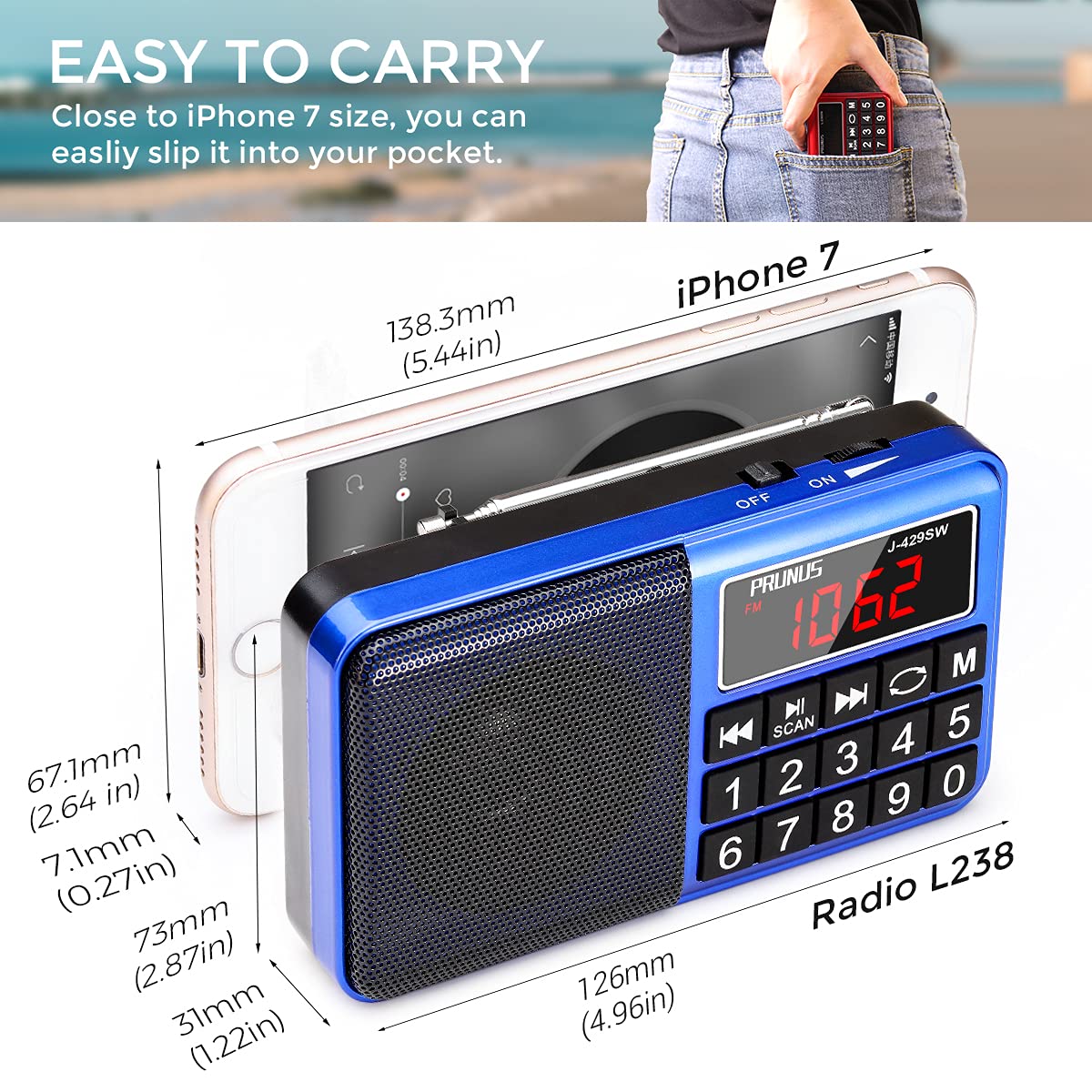 PRUNUS J-429 Portable AM/FM/SW Rechargeable Radio with Digital Tuning, Big Buttons, USB/TF/AUX Input - MP3 Player, Auto Save Memory (Blue) - Perfect for Emergency, Outdoor Camping, and Home Use