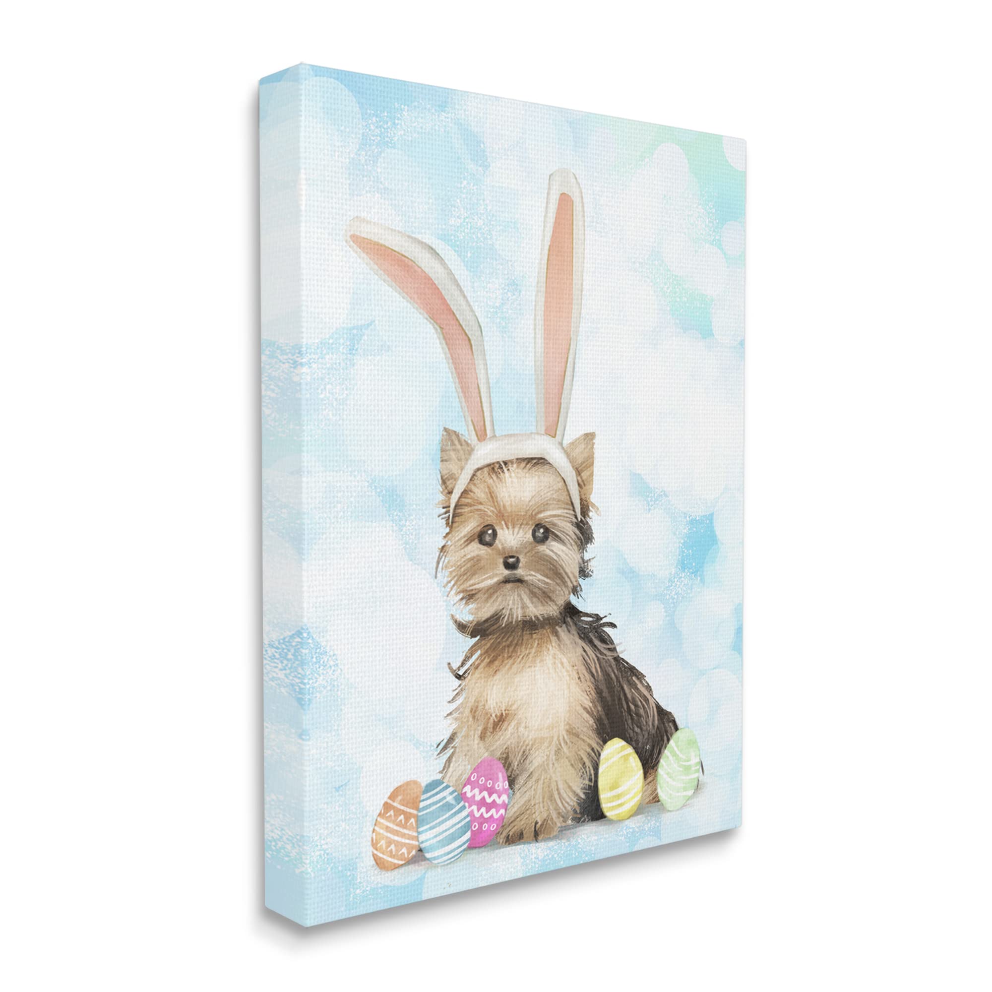 Stupell Industries Easter Yorkie Puppy with Bunny Ears & Patterned Eggs Canvas Wall Art - 24x30 Inch Blue Home Decor for Living Room, Bedroom, Nursery