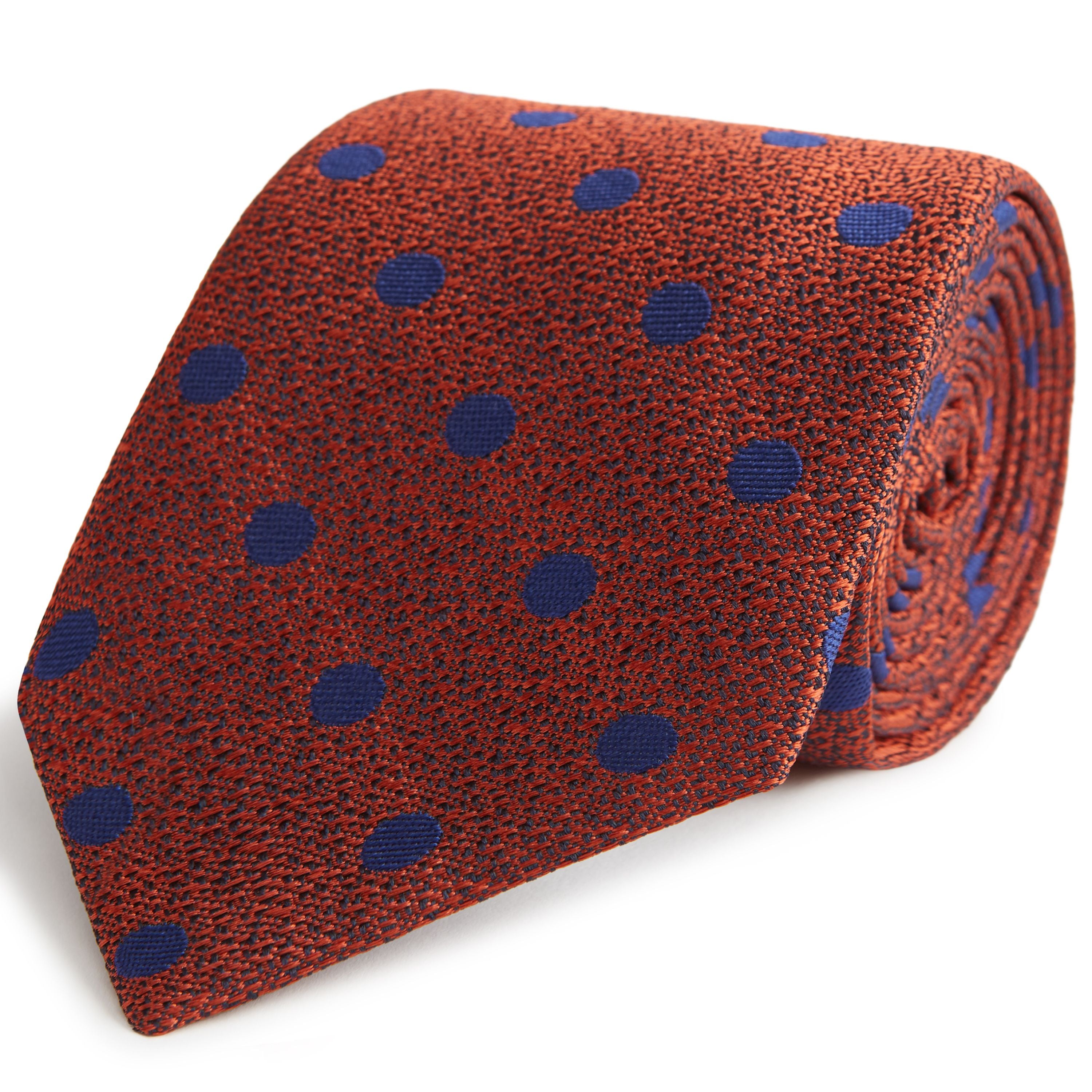 Orange and Navy Polka Dot Textured Woven Silk Tie for Men - Elegant Business & Wedding Accessory - Perfect for Office, Formal Events & Gifts