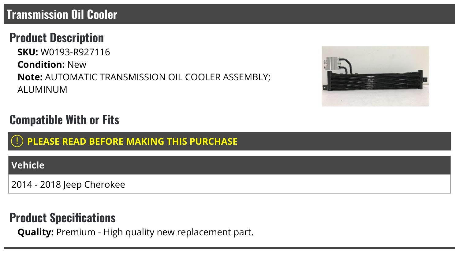 High Performance Automatic Transmission Oil Cooler for 2014-2018 Jeep Cherokee - Improves Cooling & Extends Transmission Life - Perfect for Off-Roading & Towing