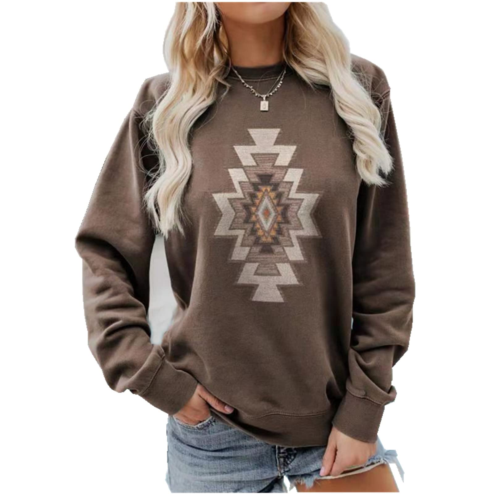 Vintage Aztec Print Women's Western Cowgirl Sweatshirt - Long Sleeve Tribal Pullover Shirt for Casual Wear & Boho Fashion Outfits