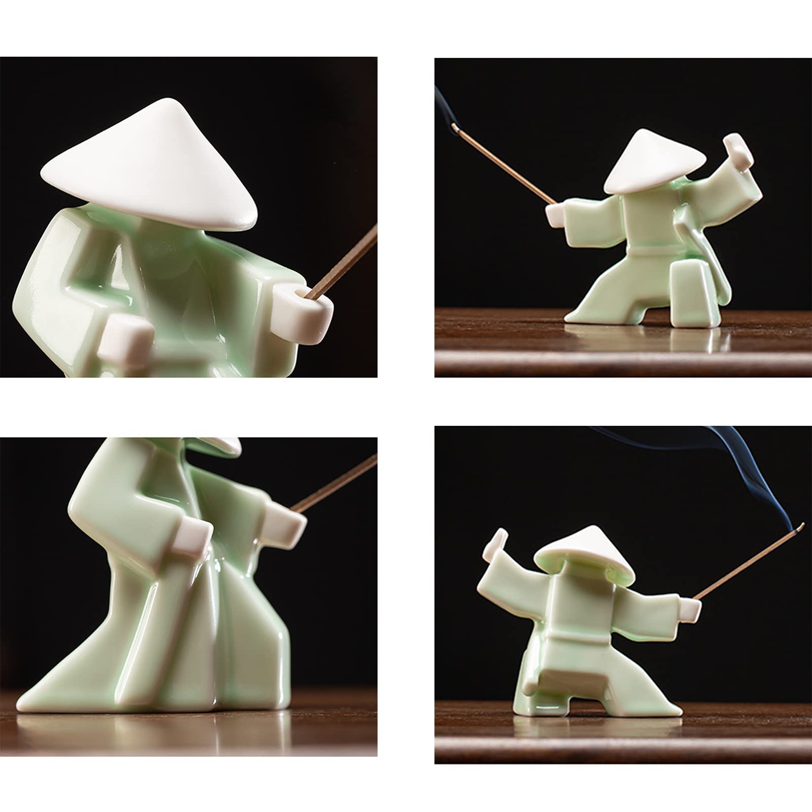 Handmade Samurai Knight Ceramic Incense Holder - Green Aromatherapy Stick Burner for Meditation, Yoga & Home Decor - Desktop Zen Sculpture for Office, Living Room & Gift Giving