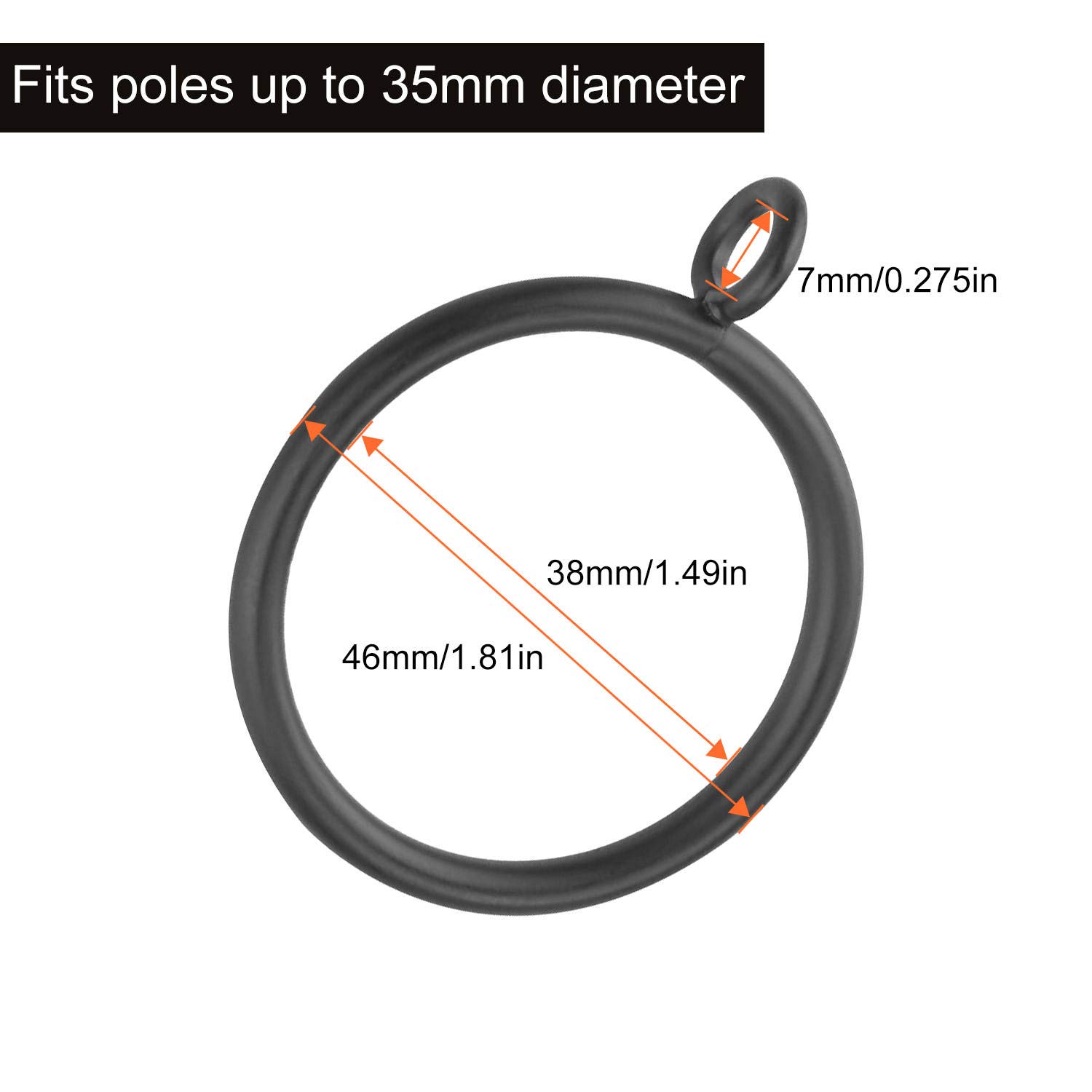 50 Pack 38mm Matte Black Metal Curtain Rings with Hooks - Smooth Gliding Drapery Rings for Rods up to 35mm - Perfect for Hanging Curtains, Drapes & Sheers in Living Rooms & Bedrooms