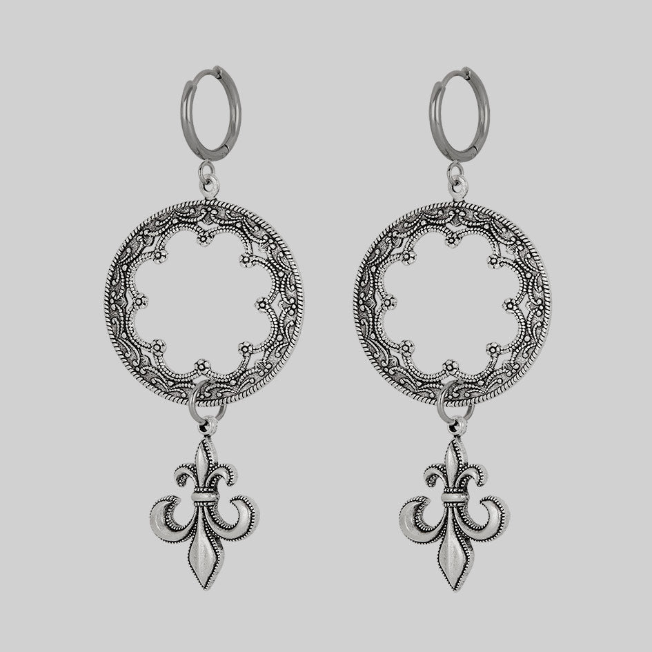 VOW. Gothic Fleur de Lis Hoop Earrings in Silver - Elegant Medieval Jewelry for Women, Perfect for Renaissance Fairs, Gothic Fashion & Special Occasions