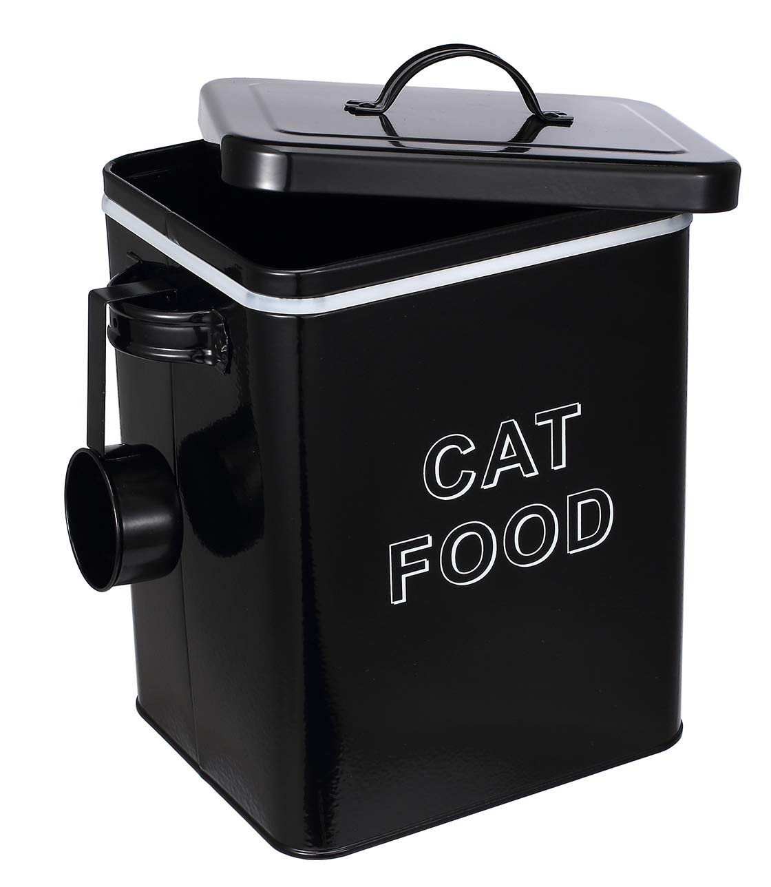 Premium Airtight Pet Food Storage Containers for Cats & Dogs - 2-Pack with Scoop & Wood Lids - Carbon Steel Cat Treat Canisters - Kitchen & Pantry Organization - Black