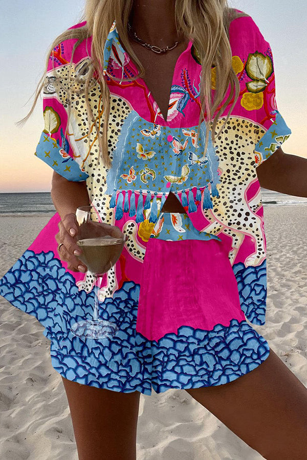Leopard Butterfly Print Loose Button Elastic Waist Shorts Set - Women's Casual Summer Outfit for Beach, Vacation & Streetwear Fashion