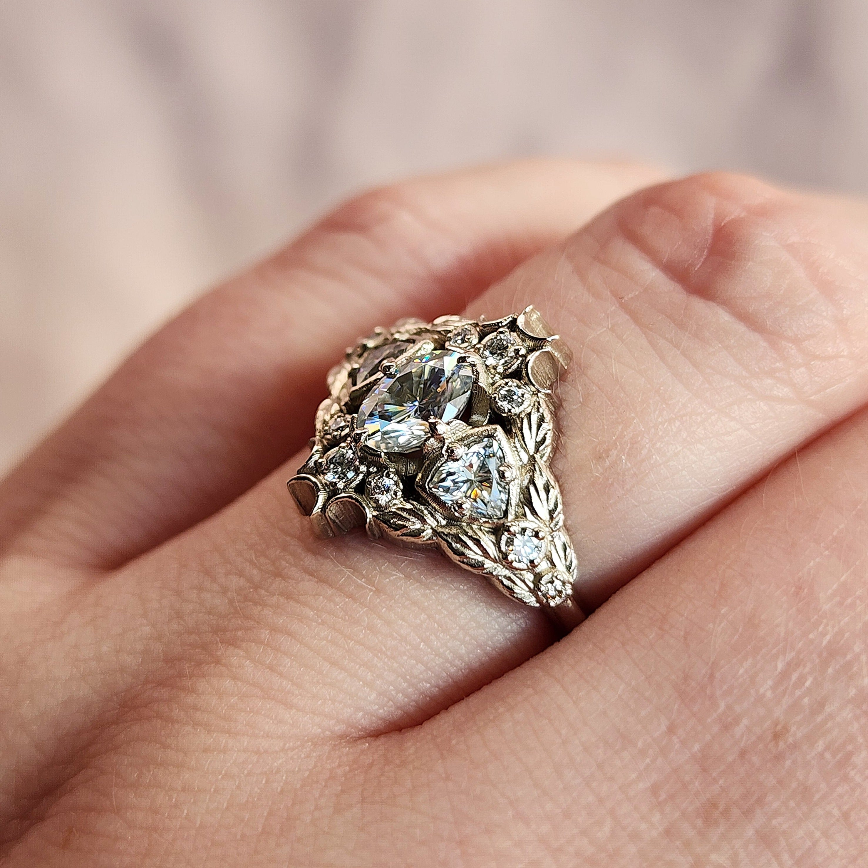 Morrigan Engagement Ring with Tiny Crescent Moons & Leaves - Sterling Silver Setting for Custom Ring Building - Perfect for Wedding Proposals, Anniversary Gifts & Boho Bridal Jewelry