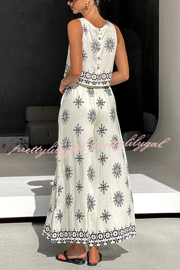 Stylish Printed Round Neck Sleeveless Blouse & Elastic Waist Pocket Wide Leg Pants Set - Women's Casual Outfit for Summer, Beach, Vacation & Daily Wear