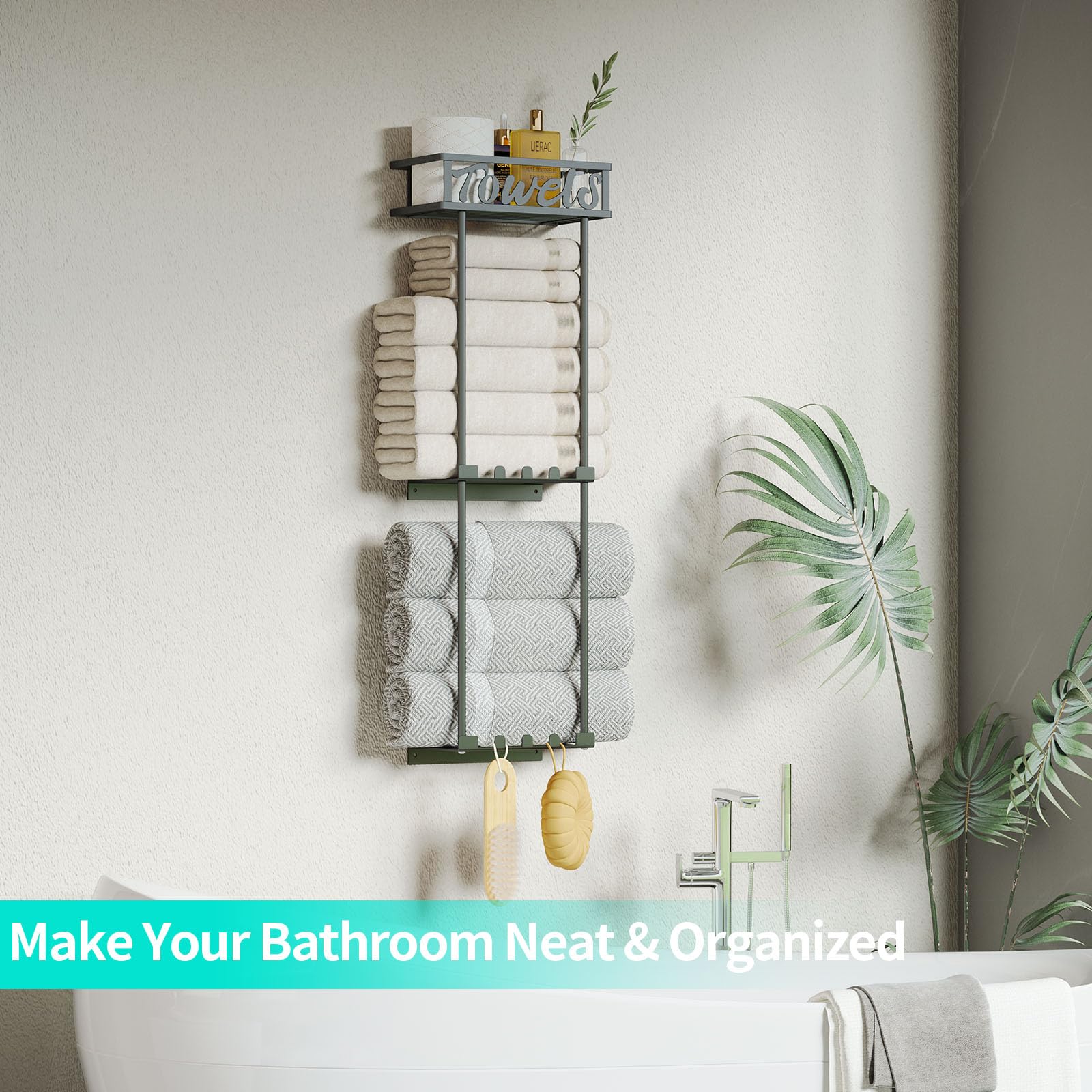 3-Tier Wall Mounted Towel Rack Organizer with Storage Basket & 6 Hooks - Space Saving Bathroom Storage Solution for Rolled Towels, Washcloths & Toiletries - Perfect for Small Bathrooms, Laundry Rooms & Spa Areas (Black)