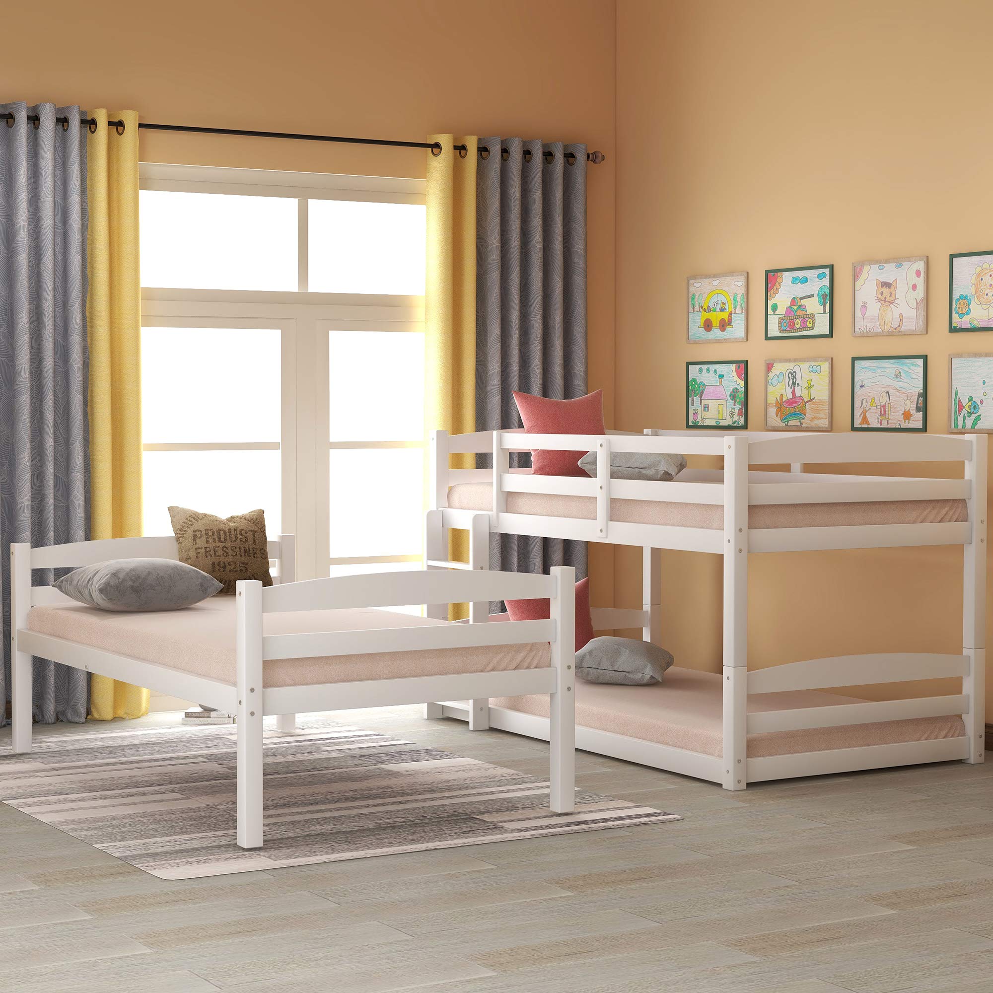 JULYFOX Triple Bunk Bed - Twin Over Twin Over Twin Solid Wood Frame, White Space-Saving Floor Bunk Bed with Ladders & Guard Rails (No Box Springs Needed) - Perfect for Kids' Bedrooms, Dorms, and Small Spaces