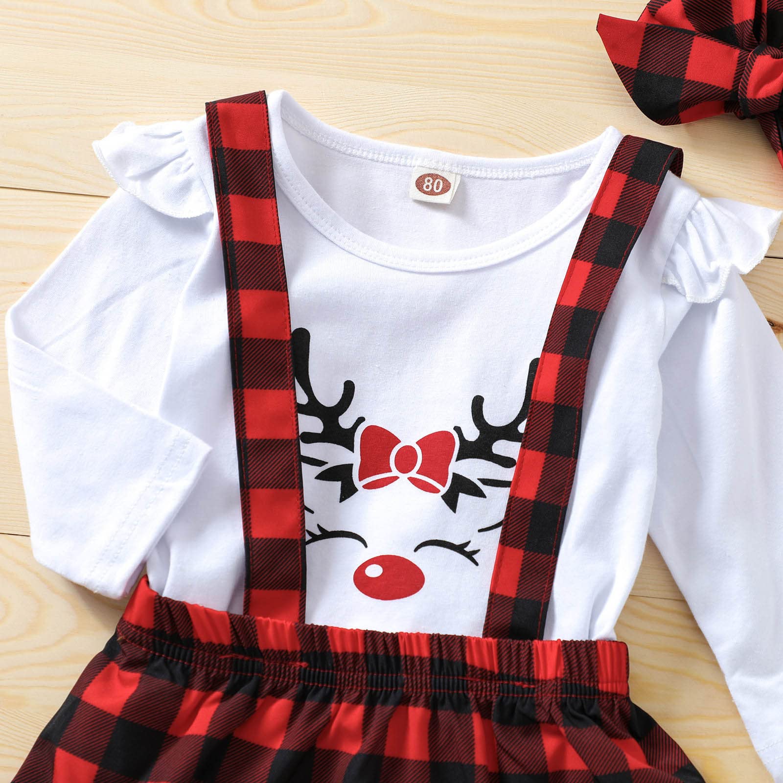 Girls Christmas Outfits Set - Long Sleeve Deer Printed Top with Plaid Dot Cartoon Suspender Skirt & Headband | Holiday Party, Family Photos, School Celebration