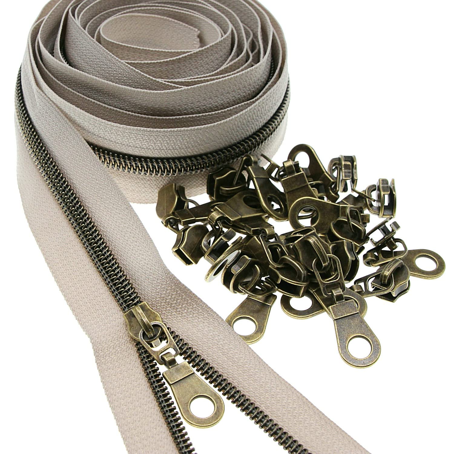 SHUNLI #5 Metallic Nylon Coil Zippers by The Yard - Antique Brass Teeth & Beige Zipper Tape - Bulk 10 Yards with 25 Sliders & Pulls - Perfect for DIY Sewing, Tailoring, Bags, Purses, Jackets & Clothing Projects