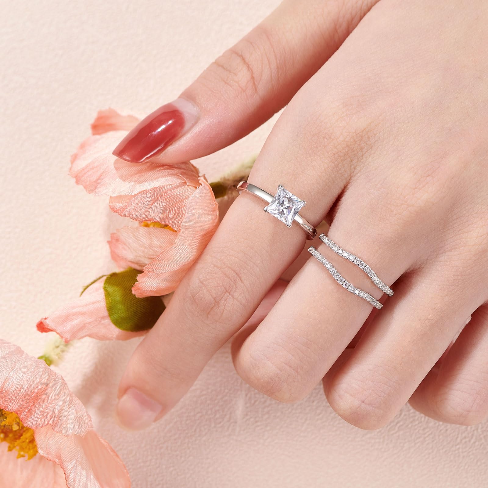 SHELOVES Solitaire Princess CZ Engagement Ring Set with Wedding Band & Ring Guard Enhancer - Sterling Silver Size 5-12 | Perfect for Proposals, Anniversaries & Bridal Jewelry Gifts