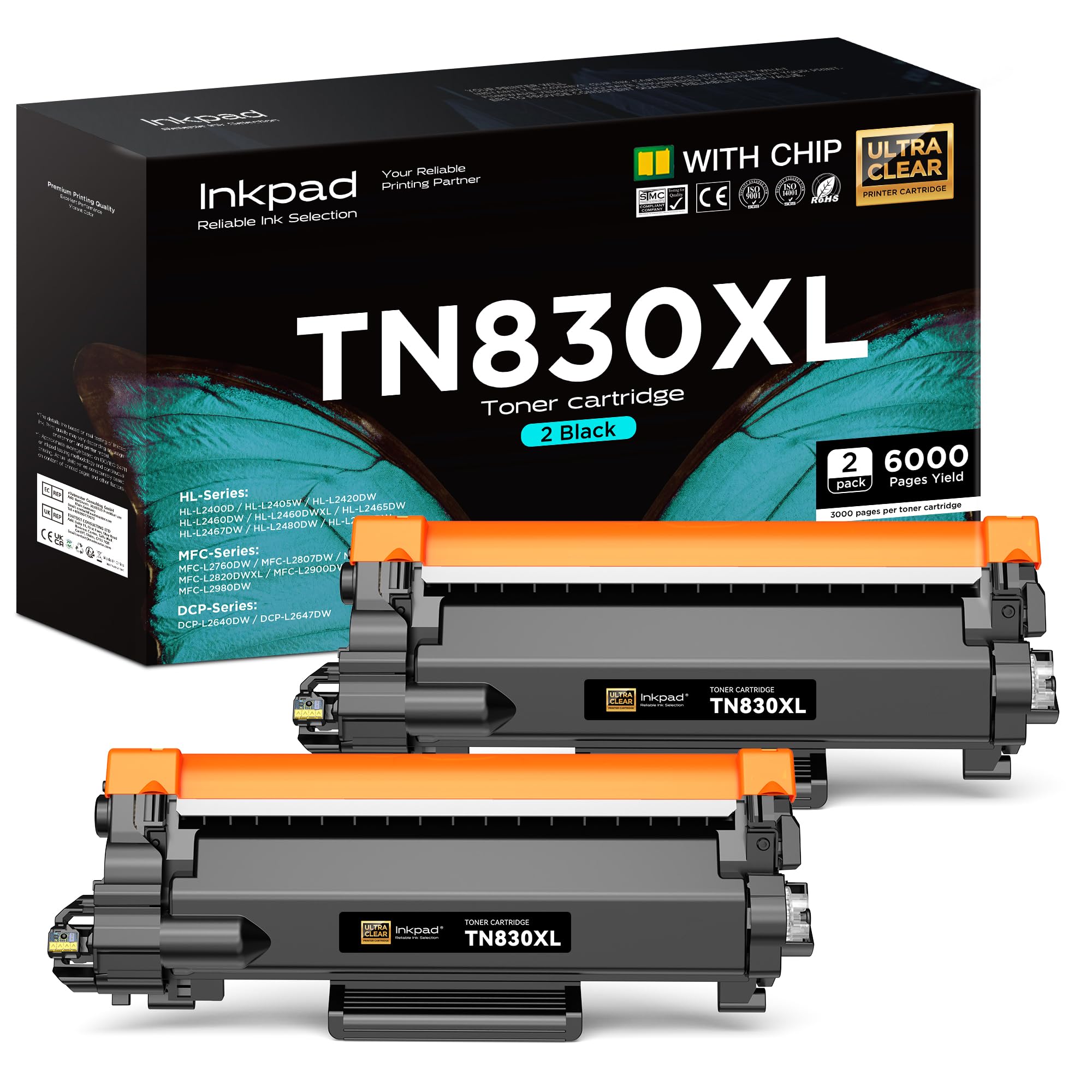 Brother TN830XL Toner Cartridge 2-Pack - Compatible with HL-L2460DW, DCP-L2640DW Printers - for Home & Office Use